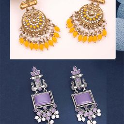 Anouk Set Of 2 Silver-Plated Artificial Stones and Beaded Geometric Shaped Drop Earrings image 3