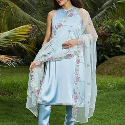 QISSA Satin Halter Neck A-Line Kurta With Trousers And Dupatta-58