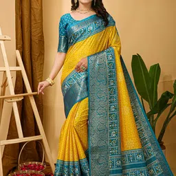 KALINI Kalamkari Printed Zari Bandhani Saree-image-39