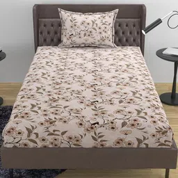 Lunar Days Beige Floral Printed 160 TC Single Bedsheet with 1 Pillow Covers-picture-49