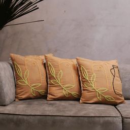 LUSHLYF Tufted Brown & Green 3 Pieces Boho Floral Embroidered Cotton Square Cushion Covers-18