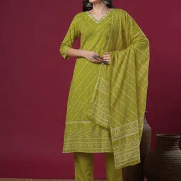 FASHOR Bandhani Printed V-Neck Straight Pure Cotton Kurta With Trousers And Dupatta-9