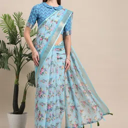 BAPS Floral Printed Zari Pure Linen Saree With tassels-picture-12