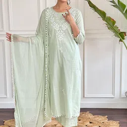 KALINI Floral Yoke Design Chikankari Pure Cotton Kurta with Trousers & With Dupatta-21