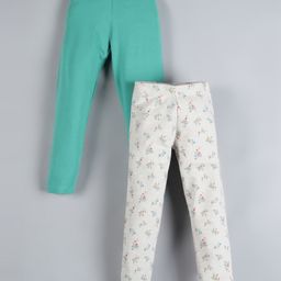 Plum Tree Pack Of 2 Flower Print & Solid Leggings - Green Cream-image-32