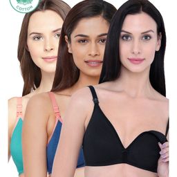 Inner Sense Pack Of 3 Organic Cotton Antimicrobial Solid Colour Nursing Bra - Blue Green Black-image-91