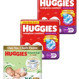 Huggies 5 in 1 Comfort Complete Comfort Dry Pants (NB/XS) Size Baby Diaper Pants Combo Pack of 2 - 48 Pieces and Huggies Natural Soft Premium Baby Diaper Pants, Extra Small Size (0-5 Kgs), Pack of 40-21