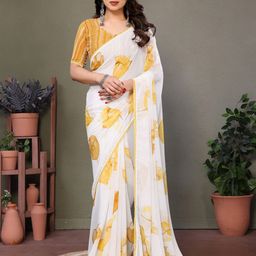 DIVASTRI Floral Embroidered Pure Georgette Block Print Saree-picture-7