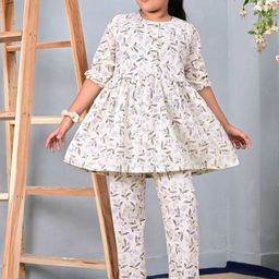 GIANNA Girls Floral Printed Regular Pure Cotton Kurta with Trousers-picture-18