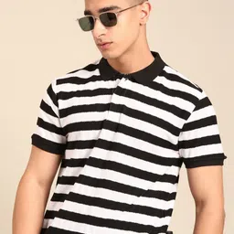 Provogue Men Striped Polo Collar Monochrome Dri-FIT T-shirt-image-40