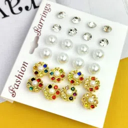 Shivarth Women Multi Colored 12 Pairs Crystal Faux Pearl Earring-picture-33