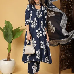 KALINI Floral Printed V-Neck Pure Cotton A-Line Kurta with Palazzos & Dupatta-image-98