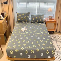 JC HOME Grey & Yellow Graphic 220 TC Queen Bedsheet with 2 Pillow Covers-image-78