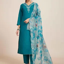KALINI Women Teal Viscose Rayon Embroidered Kurta Sets-picture-8