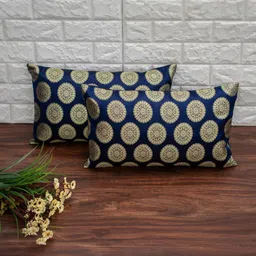 RoyalDeco Navy Blue & Gold-Toned Set of 2 Ethnic Motifs Rectangle Cushion Covers-image-72