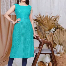 PARROT CREATION Paisley Chikankari Sequinned Square Neck Sleeveless Georgette Kurta-image-95