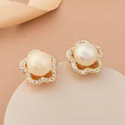 GC PREMIUM JEWELLERY Stainless Steel Gold-Plated CZ Studded & Pearls Beaded Floral Studs-image-64