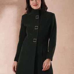 Globus Women Mandarin Collar Self Design Single-Breasted Overcoat-11