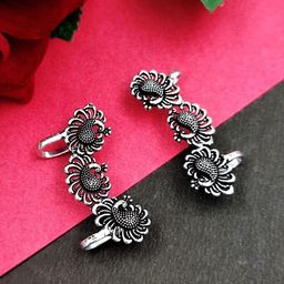 Yash Jewels Emporiums Silver-Plated Artificial Stones Studded Peacock Oxidised Ear Cuff-image-82