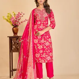 Larqi Women Floral Embroidered Regular Pure Cotton Kurta with Trousers & With Dupatta-picture-17