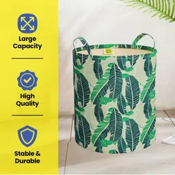 WonderStand Green & White Forest Printed Round Collapsible Laundry Bag With Handles image 5