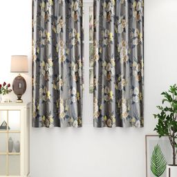 Aura Grey & Yellow Set of 2 Floral Room Darkening Window Curtain-2