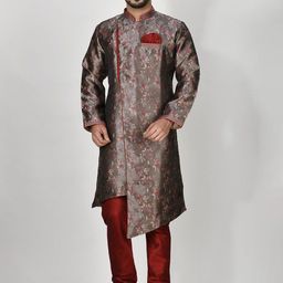 RANAK Floral Woven Design Mandarin Collar Jacquard Straight Kurta-image-26
