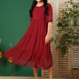 CARTYSHOP Striped Puff Sleeve Georgette Fit & Flare Midi Dress-picture-40