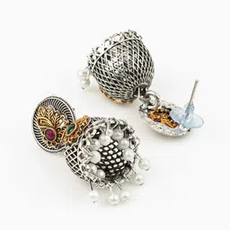 aadita Set Of 2 Silver-Plated Artificial Stones Studded Dome Shaped Jhumkas image 4
