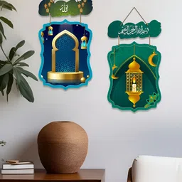 ArtVibes Set Of 2 Green & Blue Printed Wooden Wall HangingDecor-1