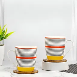 UPC White & Red 2 Pieces Striped Printed Dishwasher Safe Ceramic Glossy Mugs-11