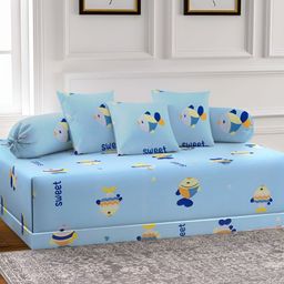 Aura Set Of 6 Brown & Blue Printed Cartoon TC Cotton Diwan Set-55