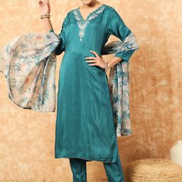 HERE&NOW Women Embroidered Regular Kurta with Trousers & With Dupatta-picture-11