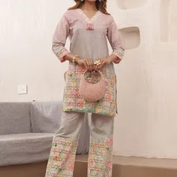 Sangria Floral Printed Pure Cotton V-Neck Top With Trouser Co-Ords-picture-9