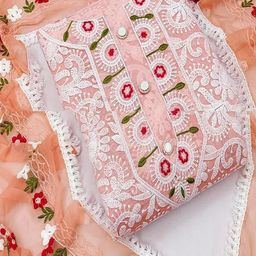 Peachmode Women Peach Embroidered Floral Dress Material-picture-26