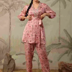 Aralia Floral Embellished Satin V-Neck Top with Trousers Co-Ords-image-5