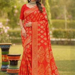 Moda Rapido Red Silk Cotton Woven Design Sarees-picture-0