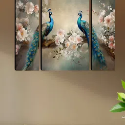 Myntra Elegant Homes Beige & Blue 3 Pieces Peacock Printed Wall Art-image-97