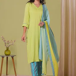 Moda Rapido V-Neck Straight Kurta With Trousers & Dupatta-picture-42