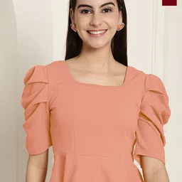 Tromko Women Solid Square Neck Puff Sleeve Peplum Top-image-27