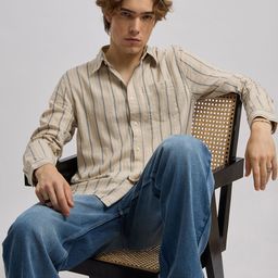 Espanshe Vertical Striped Long Sleeves Cotton Linen Shirt-image-95