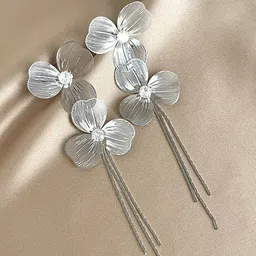 KRENOZ Silver Plated Artificial Stones Studded Triple Petal Floral Drop Earrings-14