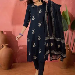 Vastramyaa Floral Printed Notch Neck Pure Cotton Straight Kurta With Trousers & Dupatta-image-78
