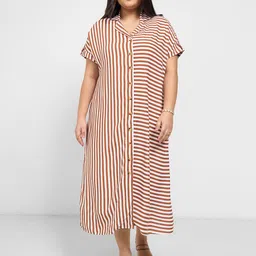 Honey Curvytude by Pantaloons Women Plus Size Striped Print Lapel Collar Fit & Flare Dress-image-18