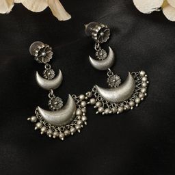VIVAZS Silver-Plated Crescent Shaped Stone Studded & Beaded Oxidised Chandbalis-7