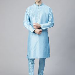 MANQ Men Turquoise Blue Self Design Kurta with Churidar-image-92