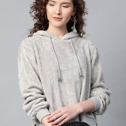 SASSAFRAS Women Grey Solid Hooded Faux Fur Sweatshirt-28
