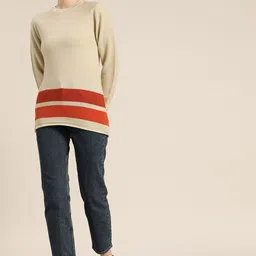 ether Women Beige & Rust Orange Self-Design Striped Acrylic Pullover Sweater-image-80