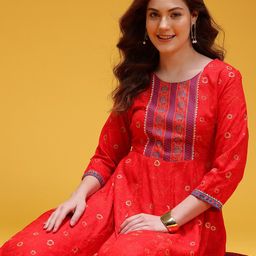 HERE&NOW Ethnic Motifs Printed Yoke Design A-Line Dress-image-60