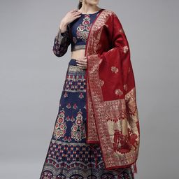 DIVASTRI Red & Blue Woven Design Semi-Stitched Lehenga & Unstitched Blouse With Dupatta-picture-21